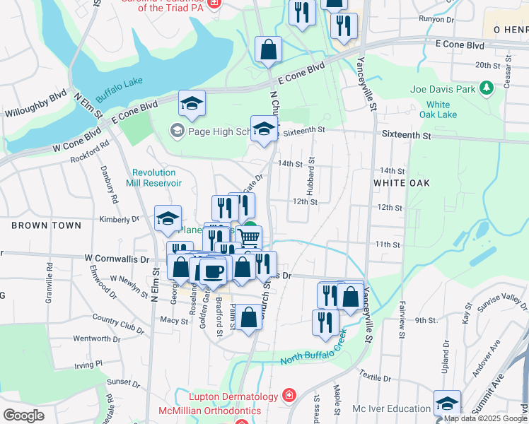 map of restaurants, bars, coffee shops, grocery stores, and more near 2309 North Church Street in Greensboro