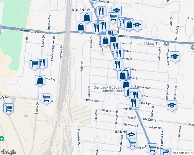 map of restaurants, bars, coffee shops, grocery stores, and more near 519 Radnor Street in Nashville