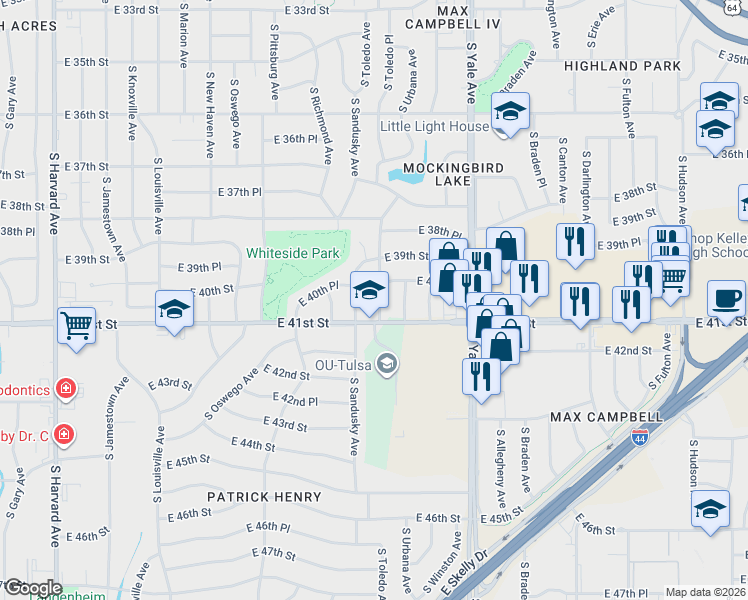 map of restaurants, bars, coffee shops, grocery stores, and more near 4020 South Toledo Avenue in Tulsa