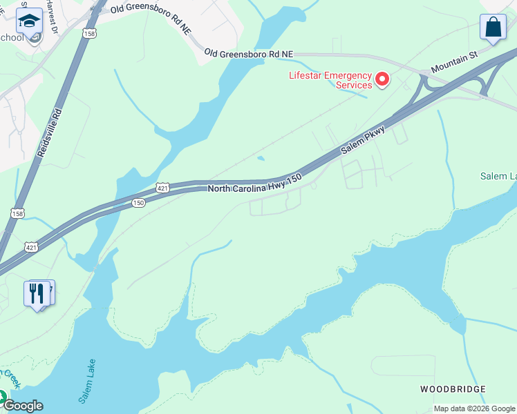 map of restaurants, bars, coffee shops, grocery stores, and more near 3300 New Greensboro Road Southeast in Winston-Salem