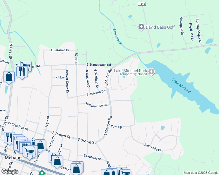 map of restaurants, bars, coffee shops, grocery stores, and more near 603 Village Lake Drive in Mebane