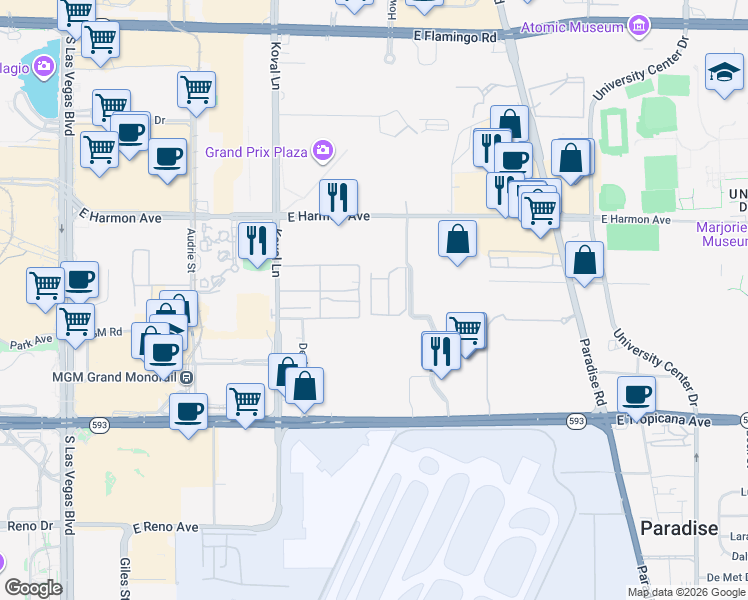 map of restaurants, bars, coffee shops, grocery stores, and more near 4670 Monterey Circle in Las Vegas