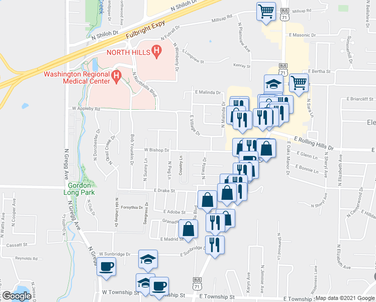 map of restaurants, bars, coffee shops, grocery stores, and more near E Appleby Rd & Country Ln in Fayetteville