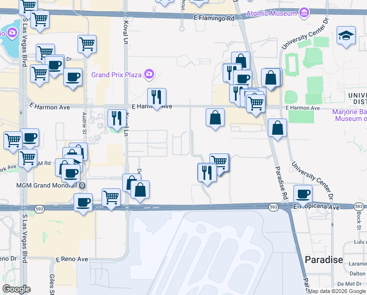 map of restaurants, bars, coffee shops, grocery stores, and more near 4626 South Grand Drive in Las Vegas