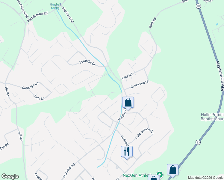 map of restaurants, bars, coffee shops, grocery stores, and more near 4615 Alan Springs Lane in Knoxville