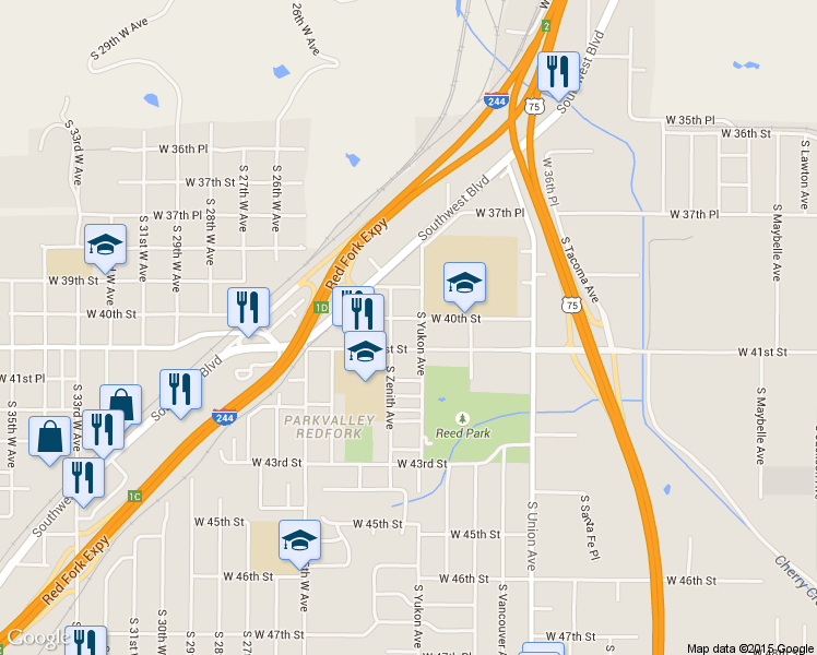 map of restaurants, bars, coffee shops, grocery stores, and more near 2112 West 40th Street in Tulsa