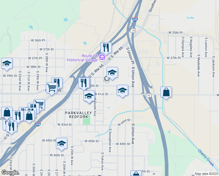 map of restaurants, bars, coffee shops, grocery stores, and more near 1924 W 40th St in Tulsa
