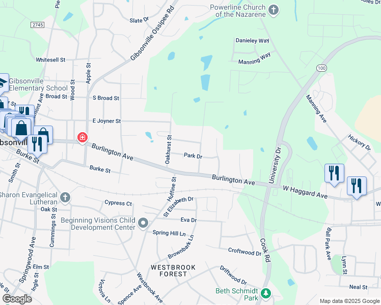 map of restaurants, bars, coffee shops, grocery stores, and more near 821 Park Drive in Gibsonville