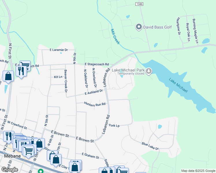 map of restaurants, bars, coffee shops, grocery stores, and more near 603 Village Lake Drive in Mebane