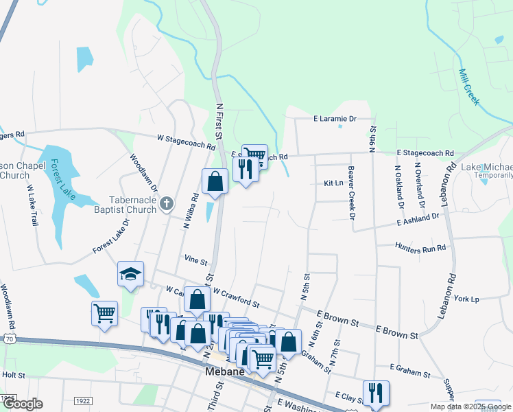map of restaurants, bars, coffee shops, grocery stores, and more near in Mebane