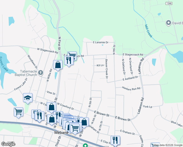 map of restaurants, bars, coffee shops, grocery stores, and more near 803 North 5th Street in Mebane