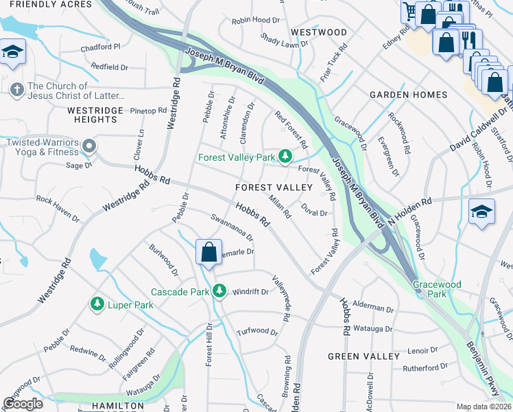 map of restaurants, bars, coffee shops, grocery stores, and more near 1718 Hobbs Road in Greensboro