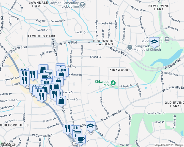 map of restaurants, bars, coffee shops, grocery stores, and more near in Greensboro