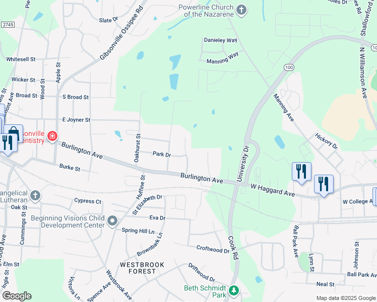 map of restaurants, bars, coffee shops, grocery stores, and more near 202 Sullivan Court in Gibsonville