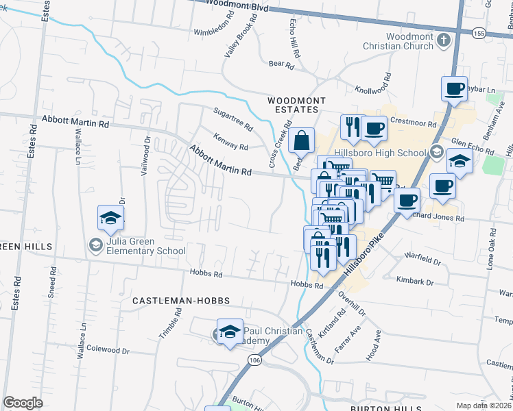 map of restaurants, bars, coffee shops, grocery stores, and more near 3925 Cross Creek Road in Nashville