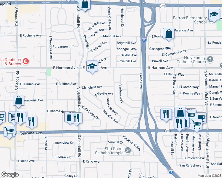 map of restaurants, bars, coffee shops, grocery stores, and more near 3986 Belleville Avenue in Las Vegas