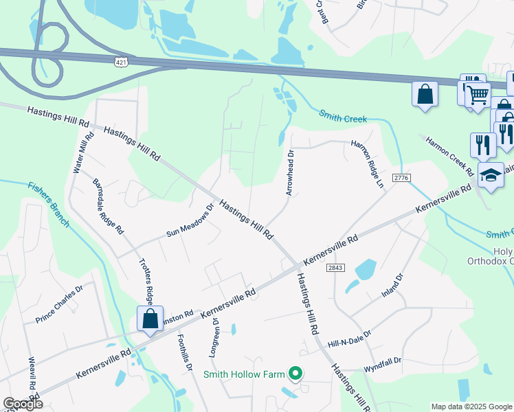 map of restaurants, bars, coffee shops, grocery stores, and more near 185 Harmon Mill Road in Kernersville