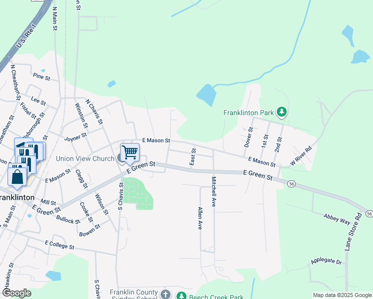 map of restaurants, bars, coffee shops, grocery stores, and more near 107 Layton Street in Franklinton
