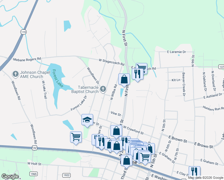map of restaurants, bars, coffee shops, grocery stores, and more near 705 North Wilba Road in Mebane