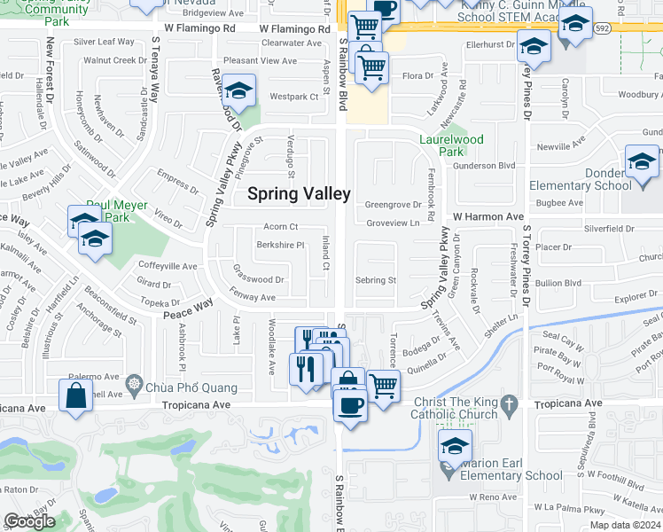 map of restaurants, bars, coffee shops, grocery stores, and more near 4602 Inland Court in Las Vegas
