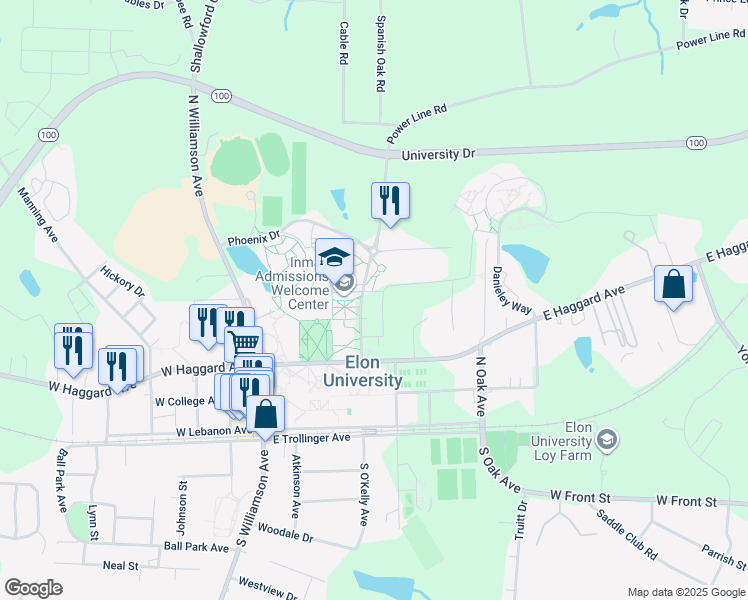 map of restaurants, bars, coffee shops, grocery stores, and more near 304 South Okelley Avenue in Elon