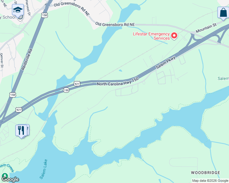 map of restaurants, bars, coffee shops, grocery stores, and more near 1519 Forest Knolls Circle Southeast in Winston-Salem