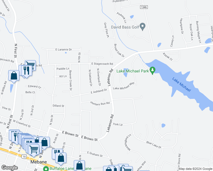 map of restaurants, bars, coffee shops, grocery stores, and more near 603 West Lebanon Road in Mebane