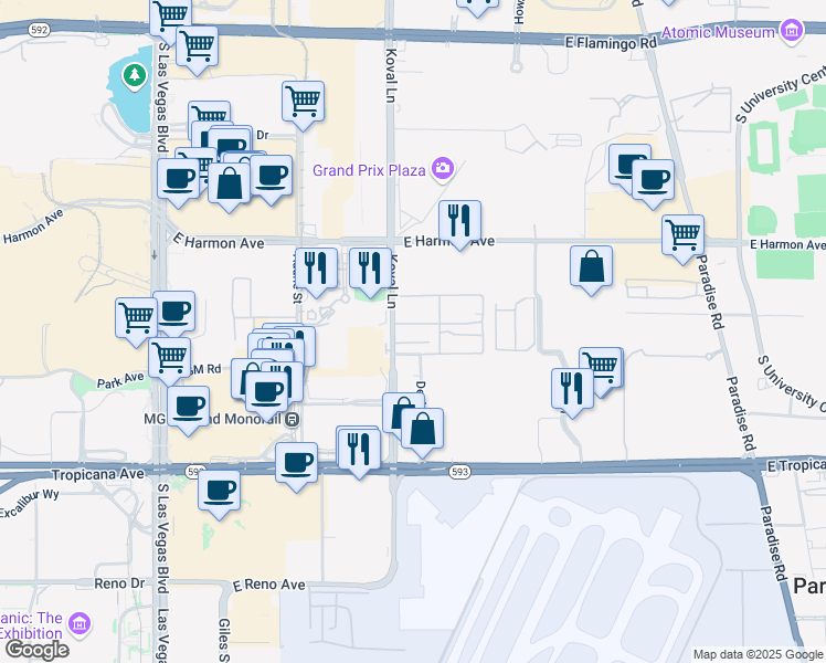 map of restaurants, bars, coffee shops, grocery stores, and more near 4650 Koval Lane in Las Vegas