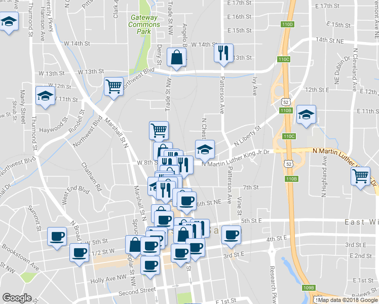 map of restaurants, bars, coffee shops, grocery stores, and more near 20 East 9th Street in Winston-Salem