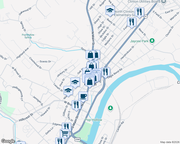 map of restaurants, bars, coffee shops, grocery stores, and more near 400 North Main Street in Clinton