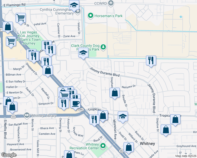 map of restaurants, bars, coffee shops, grocery stores, and more near 5710 Tropicana Avenue in Las Vegas