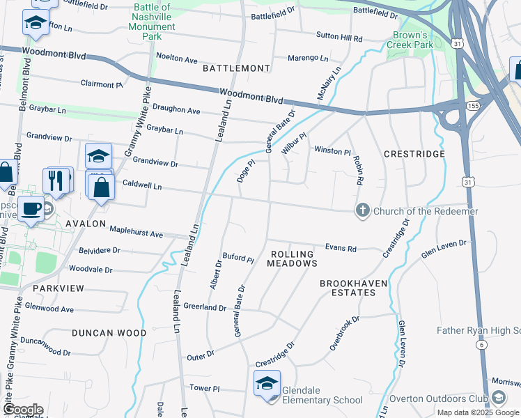 map of restaurants, bars, coffee shops, grocery stores, and more near 3905 General Bate Drive in Nashville