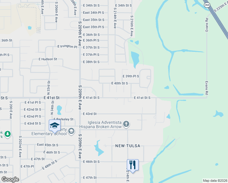 map of restaurants, bars, coffee shops, grocery stores, and more near 4078 South 213th East Avenue in Broken Arrow