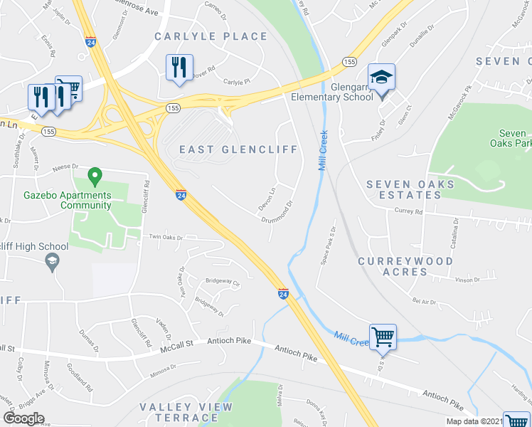 map of restaurants, bars, coffee shops, grocery stores, and more near 1005 Drummond Drive in Nashville