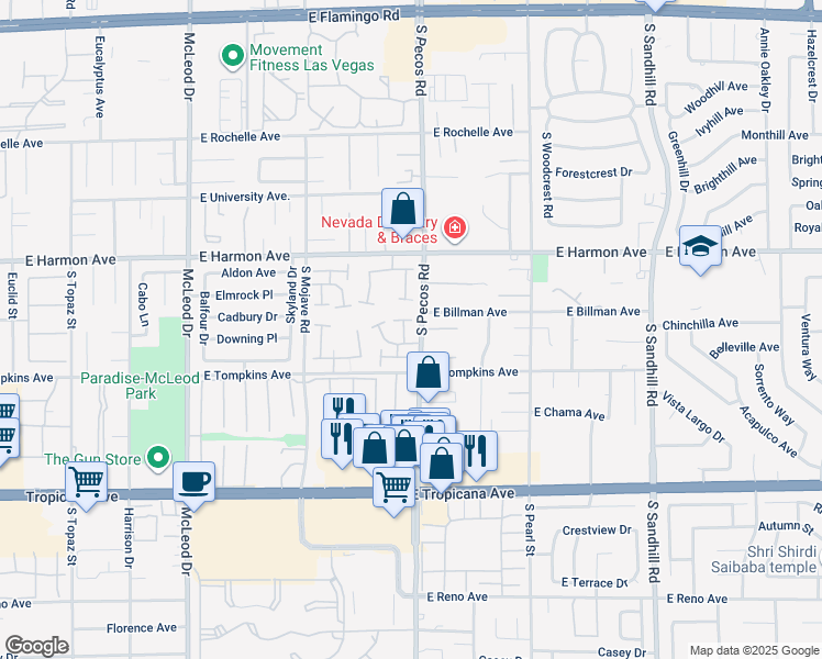 map of restaurants, bars, coffee shops, grocery stores, and more near 4630 Bountiful Way in Las Vegas