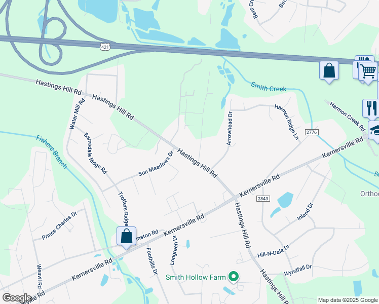 map of restaurants, bars, coffee shops, grocery stores, and more near 579 Hastings Hill Road in Kernersville