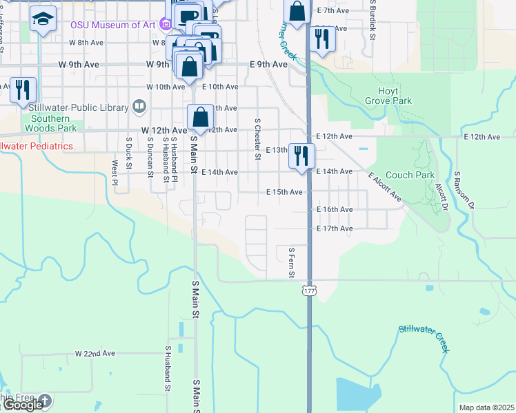 map of restaurants, bars, coffee shops, grocery stores, and more near 1803 South Chester Street in Stillwater