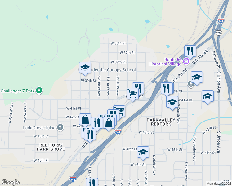 map of restaurants, bars, coffee shops, grocery stores, and more near 2824 West 40th Street in Tulsa