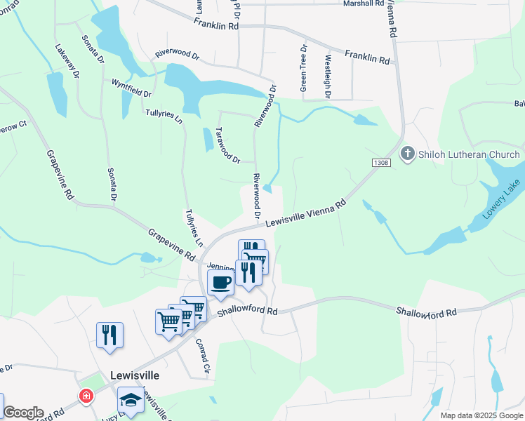 map of restaurants, bars, coffee shops, grocery stores, and more near 375 Riverwood Drive in Lewisville