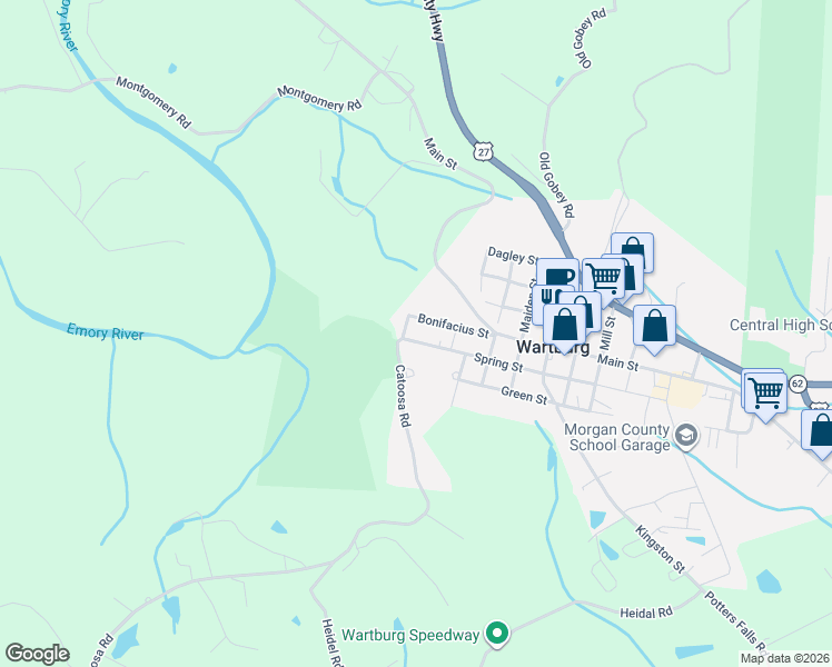 map of restaurants, bars, coffee shops, grocery stores, and more near 102 Spring Street in Wartburg