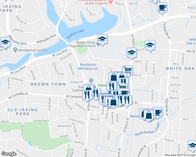 map of restaurants, bars, coffee shops, grocery stores, and more near 3 Fountain View Circle in Greensboro