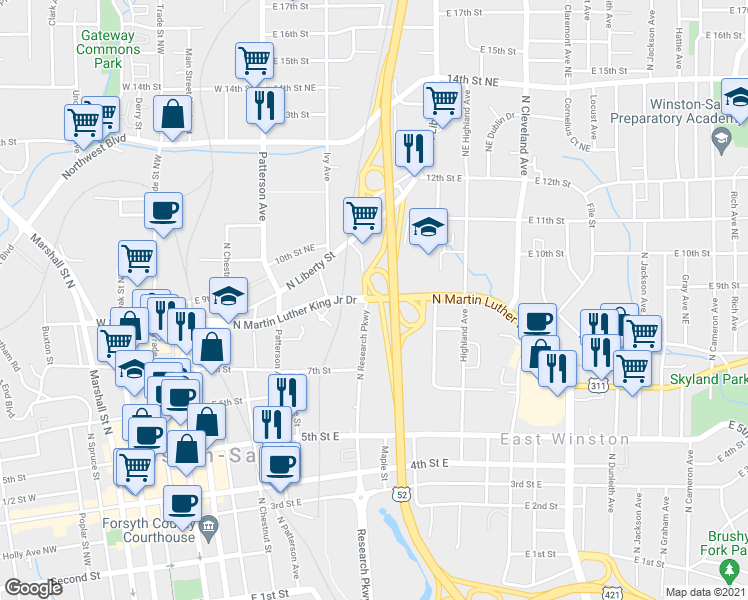 map of restaurants, bars, coffee shops, grocery stores, and more near N Martin Luther King Jr Dr in Winston-Salem