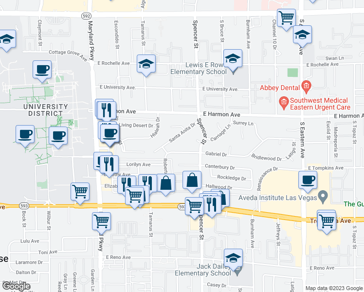 map of restaurants, bars, coffee shops, grocery stores, and more near 1672 Gabriel Drive in Las Vegas