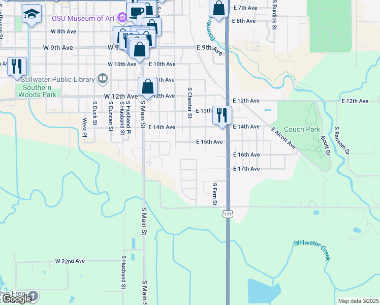map of restaurants, bars, coffee shops, grocery stores, and more near 1701 South Chester Street in Stillwater