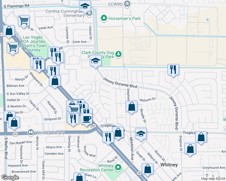 map of restaurants, bars, coffee shops, grocery stores, and more near 5710 Tropicana Avenue in Las Vegas