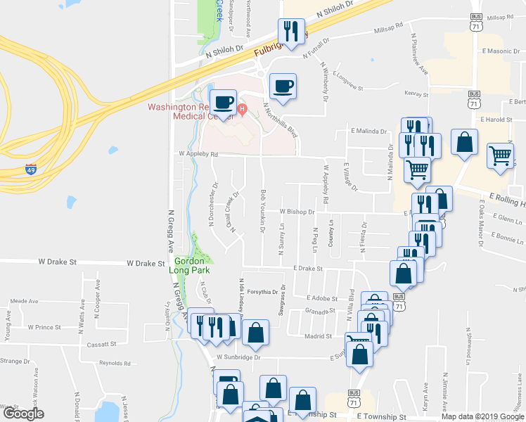 map of restaurants, bars, coffee shops, grocery stores, and more near Bob Younkin Drive in Fayetteville