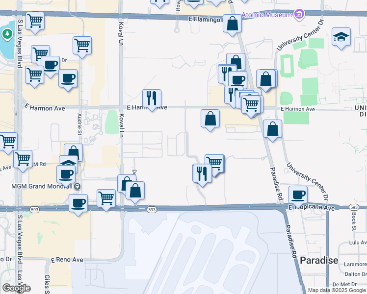 map of restaurants, bars, coffee shops, grocery stores, and more near 4623 Monterey Circle in Las Vegas