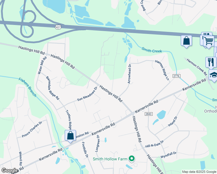 map of restaurants, bars, coffee shops, grocery stores, and more near 579 Hastings Hill Road in Kernersville