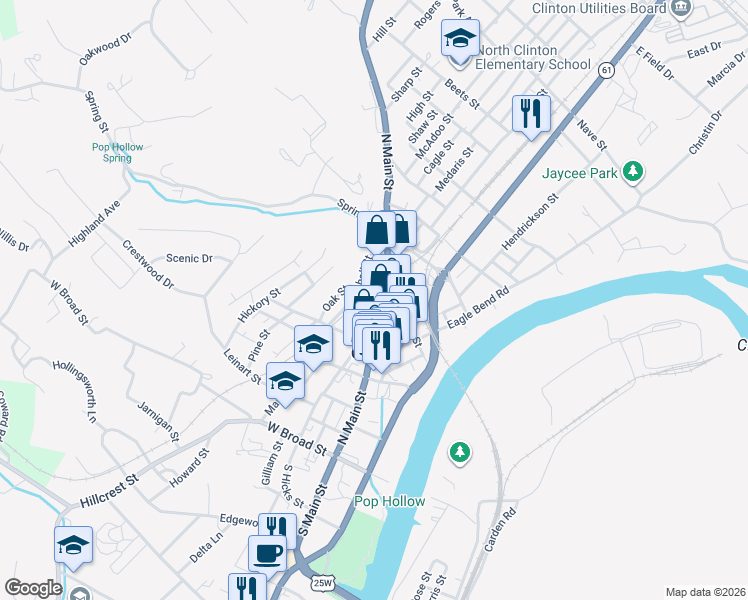 map of restaurants, bars, coffee shops, grocery stores, and more near 400 North Main Street in Clinton