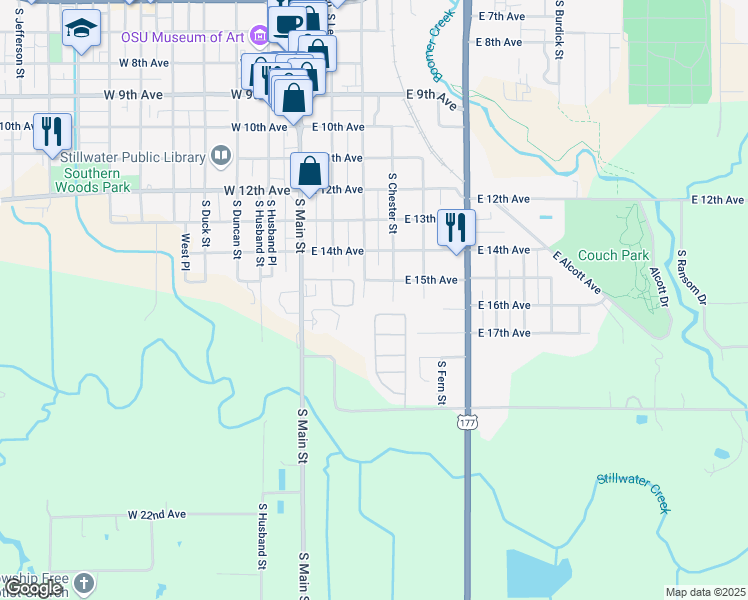 map of restaurants, bars, coffee shops, grocery stores, and more near 1515 South Lowry Street in Stillwater